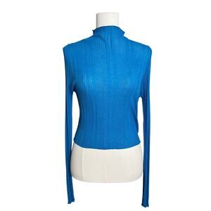 Missguided Pullover Bodycon Shirt Stretch Sheer 8 Blue Mock Neck Ribbed Top